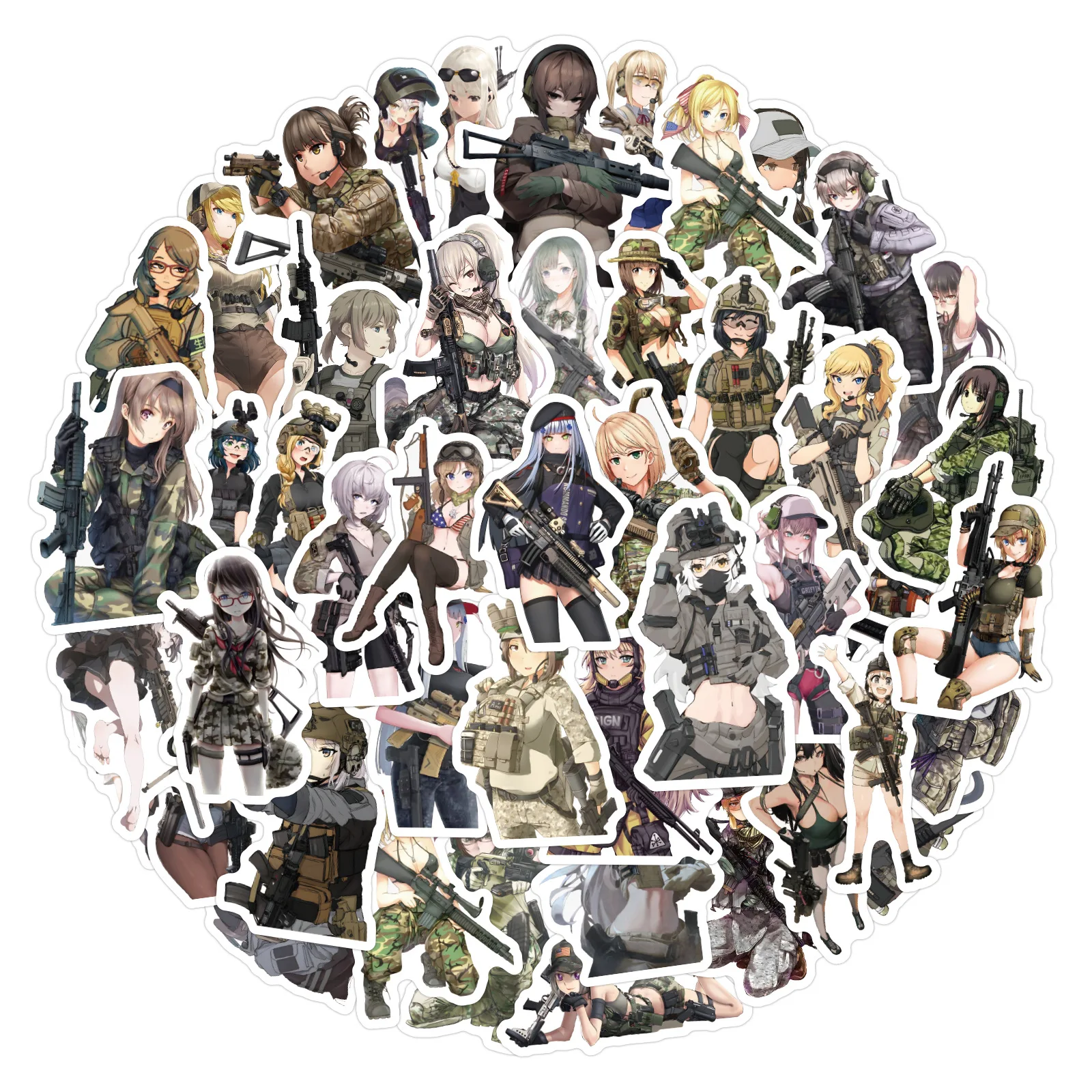 60pcs Cartoon Military Anime Girl Graffiti Decorative Notebook Luggage Waterproof Stickers