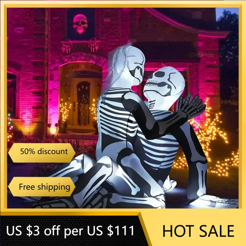 

6.5 FT Long Halloween Inflatables Skeleton Outdoor Decorations Blow Up Yard Cuddling Couple Lovers with Built-in LEDs