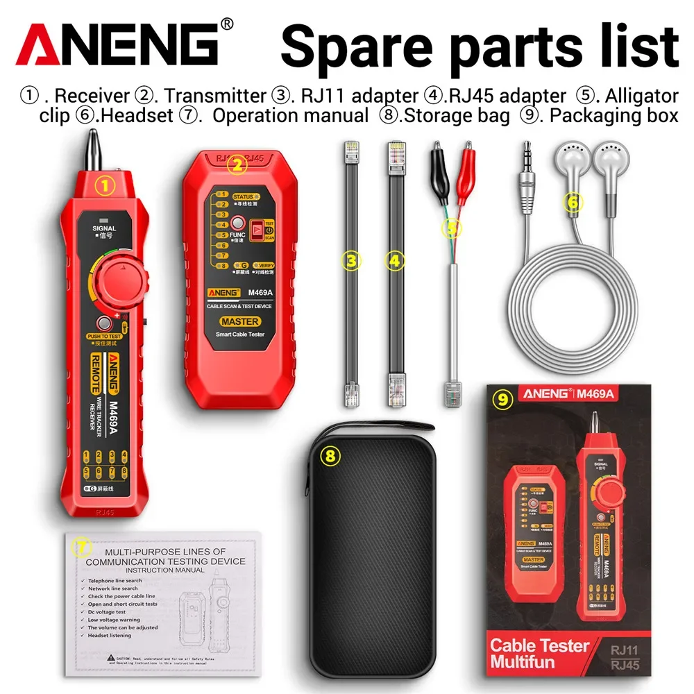

ANENG M469A Smart Network Cable Tester Wire Tracker Receiver RJ45 RJ11 LAN Finder Electrical Repair Tool