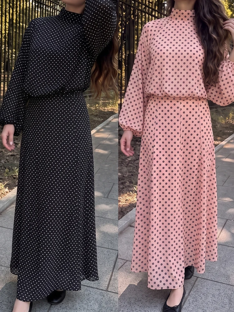 HH Women Thin Polka Dot Long Skirt Suit Elegant Bow Turtle Neck Blouse Pleated Retro Skirt 2026 Spring Female Country Style Suit