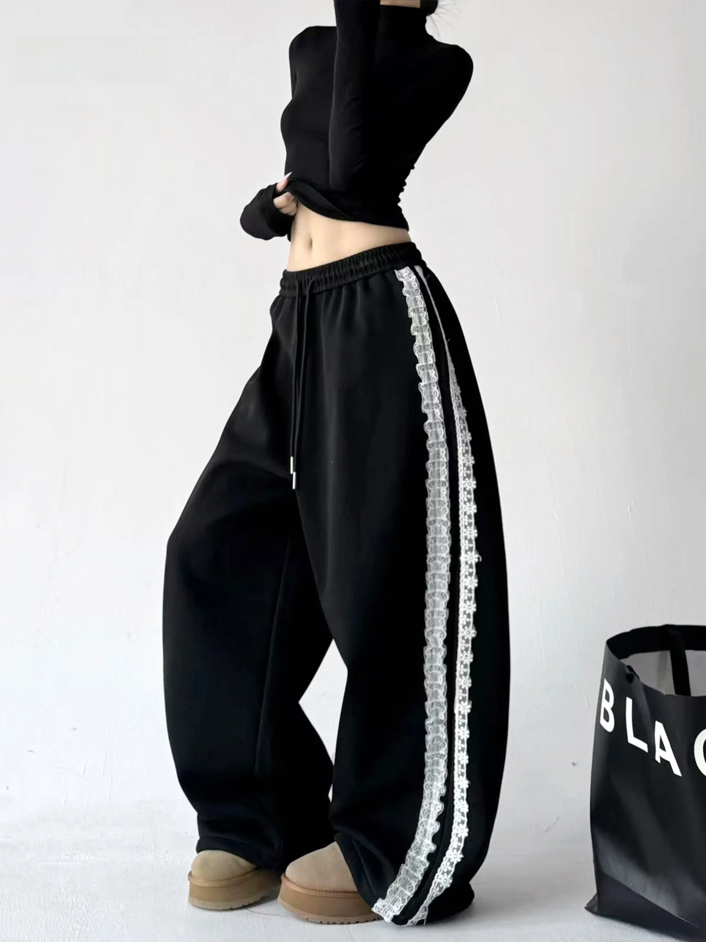 

Black Lace Cuffed Wide Leg Pants Women's Street Dance Loose Drawstring Elastic Waist Casual Trousers High Waist Long Pants