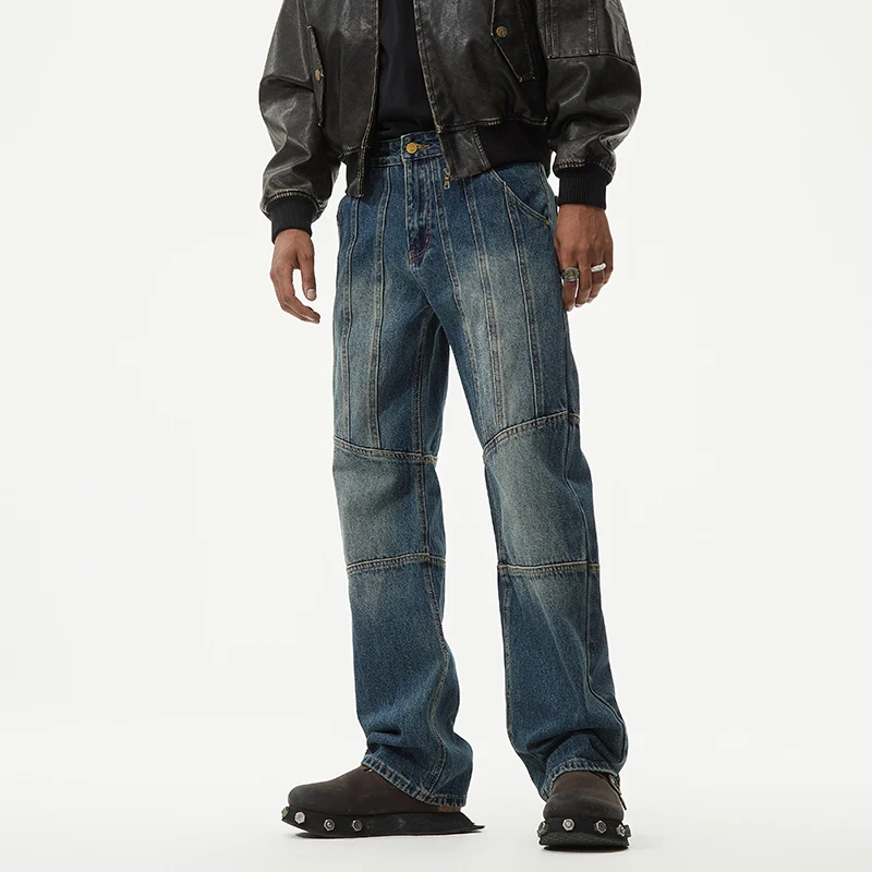 

Retro American Blue Waed Splicing Straight Leg Jeans Men's Loose Wide Leg Casual Long Pants Autumn Season Loose Fit