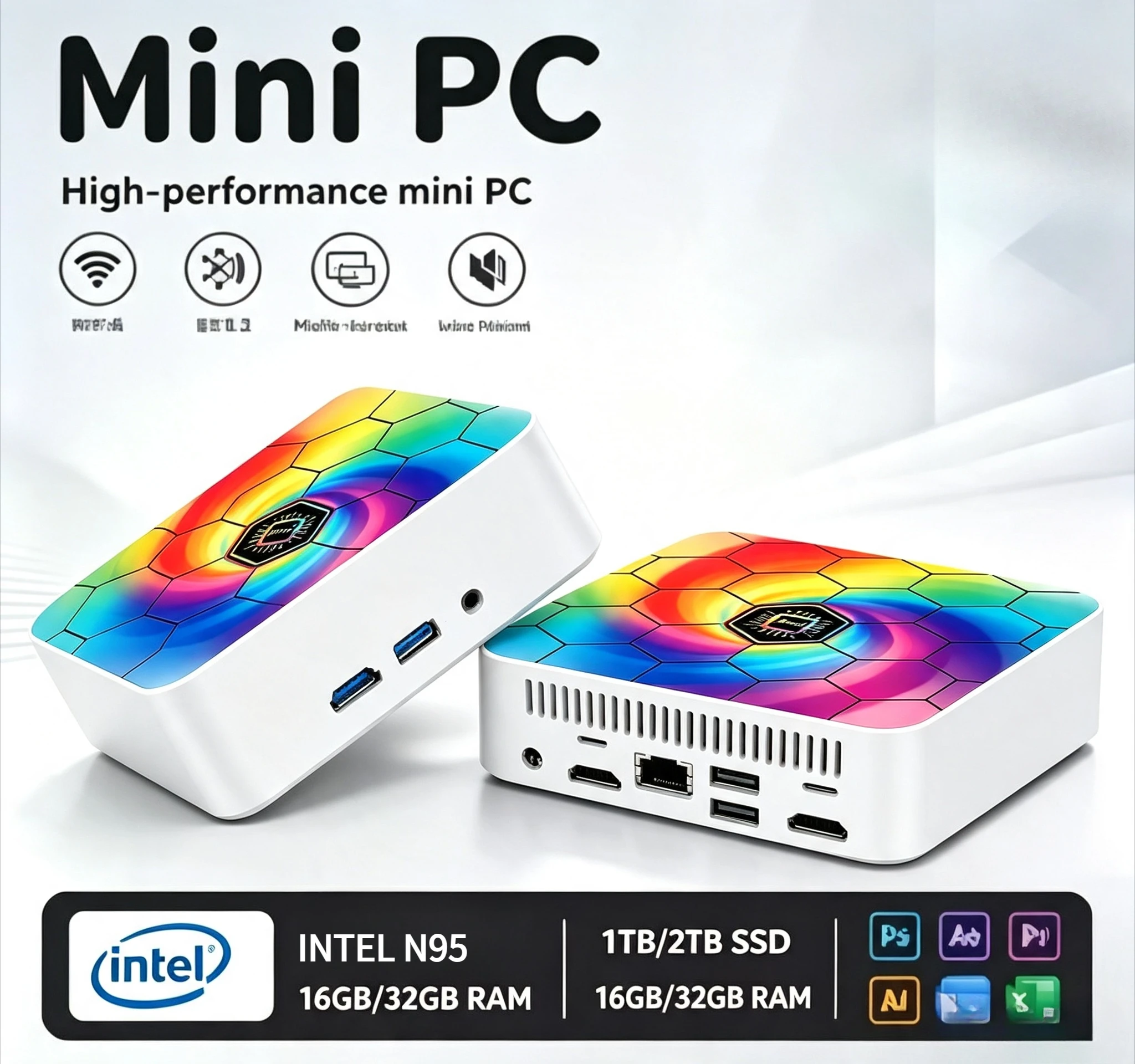 High Performance Colorful Mini PC Intel Core N95 16GB RAM 1TB/2TB Big SSD Windows11 Portable Office Study WIFI6 BT5.2