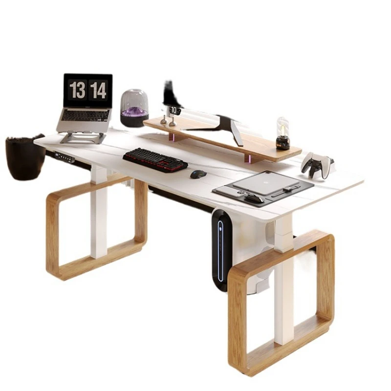 

Small blue electric lifting table desktop computer table double solid wood standing office desk rack