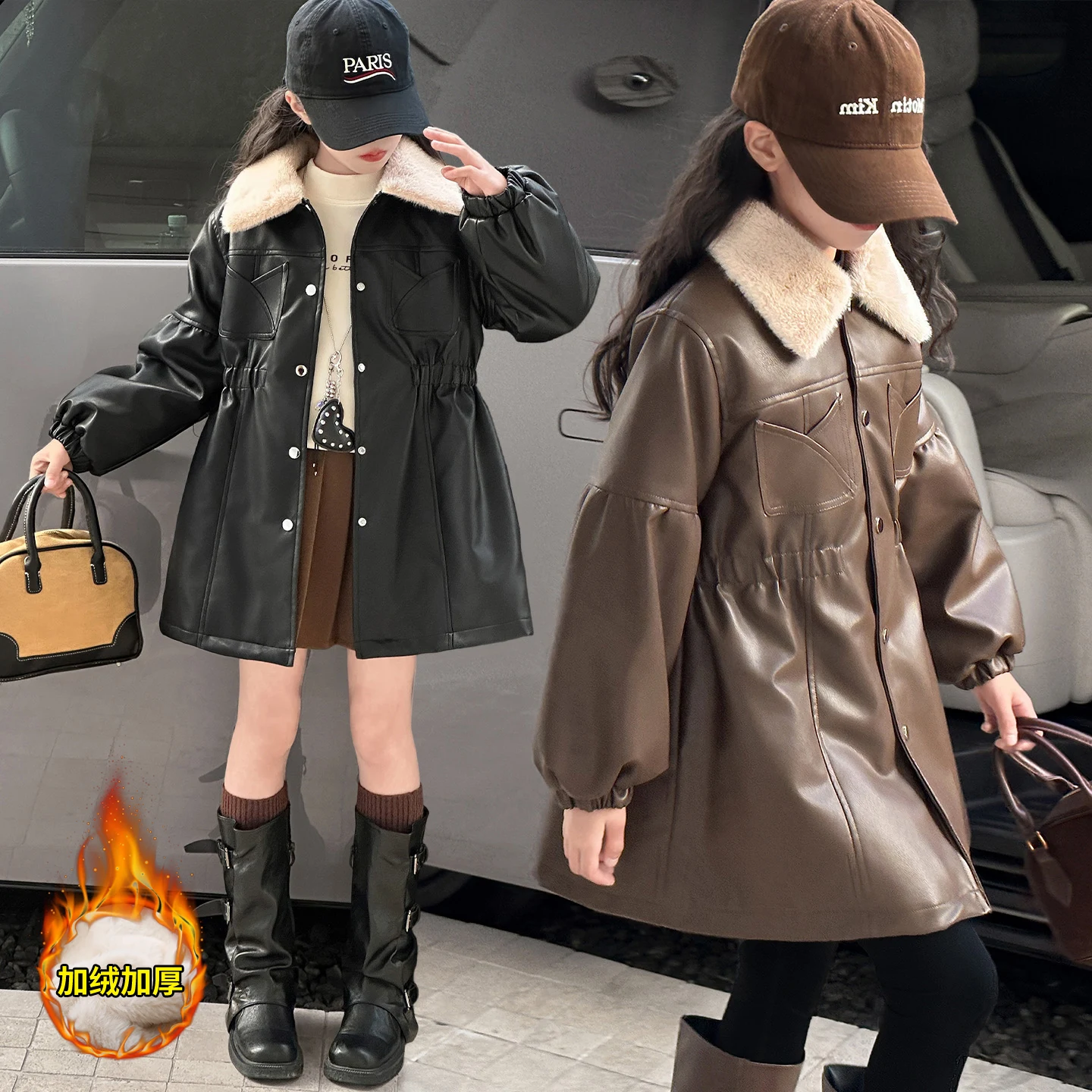 

Стеганое кожаное пальто для девочек, зимняя толстая куртка, детская теплая флисовая верхняя одежда, осенние модные топы для малышей, новая детская повседневная одежда