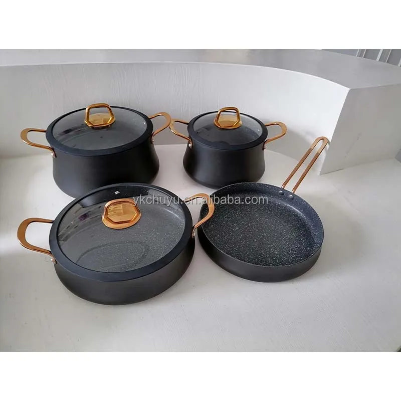 

Pot Marble Coating Cookware Sets Nonstick Black Ready to Ship Granite Aluminum 7 Pieces Cookware Set