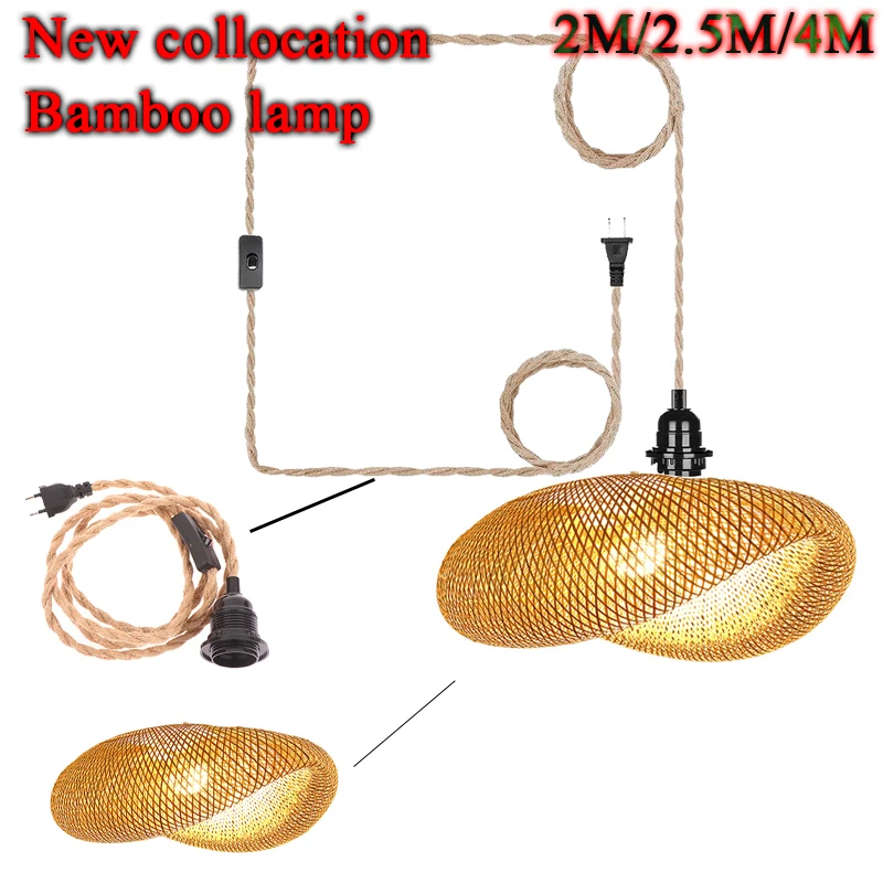 

EU Plug In Hemp Rope Pendant Light Hanging Chandelier Lights Hand Woven Bamboo Lampshade for Living Dinning Room Bedroom Kitchen