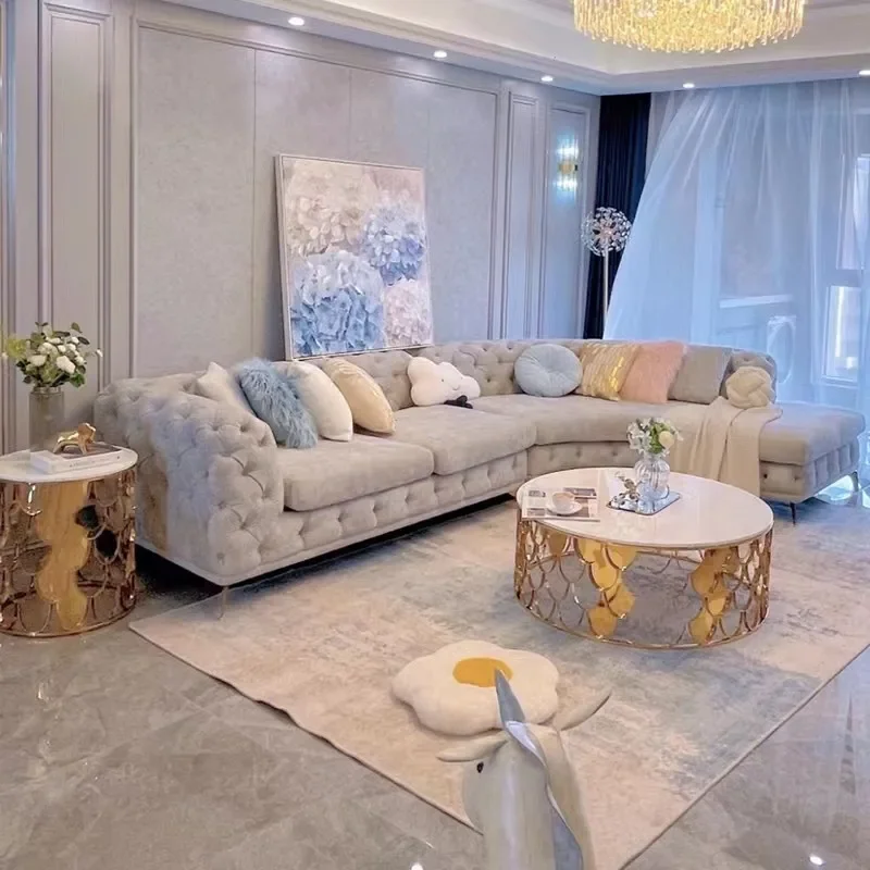 Amerikaanse lichte luxe stoffen gesp massief houten hoekbank combinatie moderne eenvoudige woonkamer stof fleece prinses bank