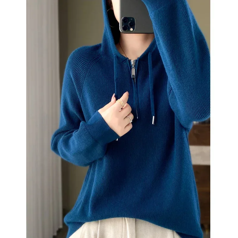 Women Hooded Sweater  Zipper Half Open Collar Autumn Winter Pullovers Loose Casual Sweatshirt Hoodie Knitwear Long Sleeve Top