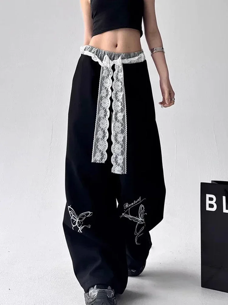 Vintage Bufferfly Y2k Sweatpantsผู้หญิงหลวมสูงเอวลูกไม้PatchworkกางเกงStreetwear Retro Casual Bf Harajukuกางเกง