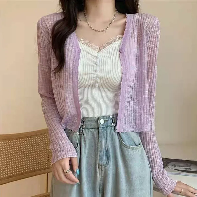 

Knitted Sweater Women Cardigans New V-Neck White Knitwears Knit Sweater Cardigan Women Tops Long Sleeve Sunscreen Sweaters Q3556