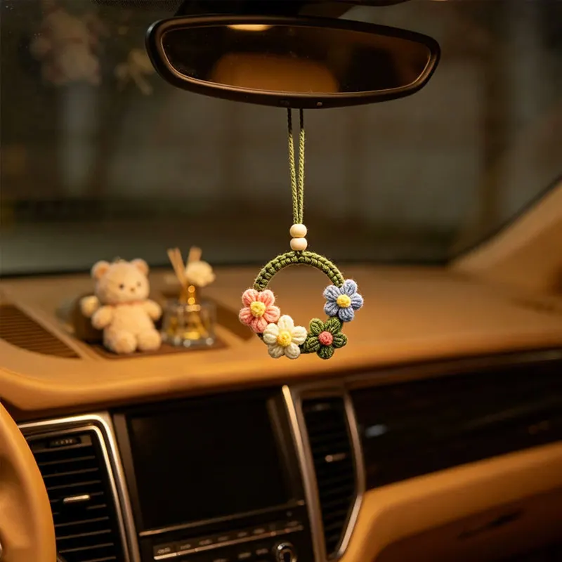 Car Pendant, Hand-Woven Flower, Car Interior Hanging Ornament, Car Rearview Mirror Hanging Decoration