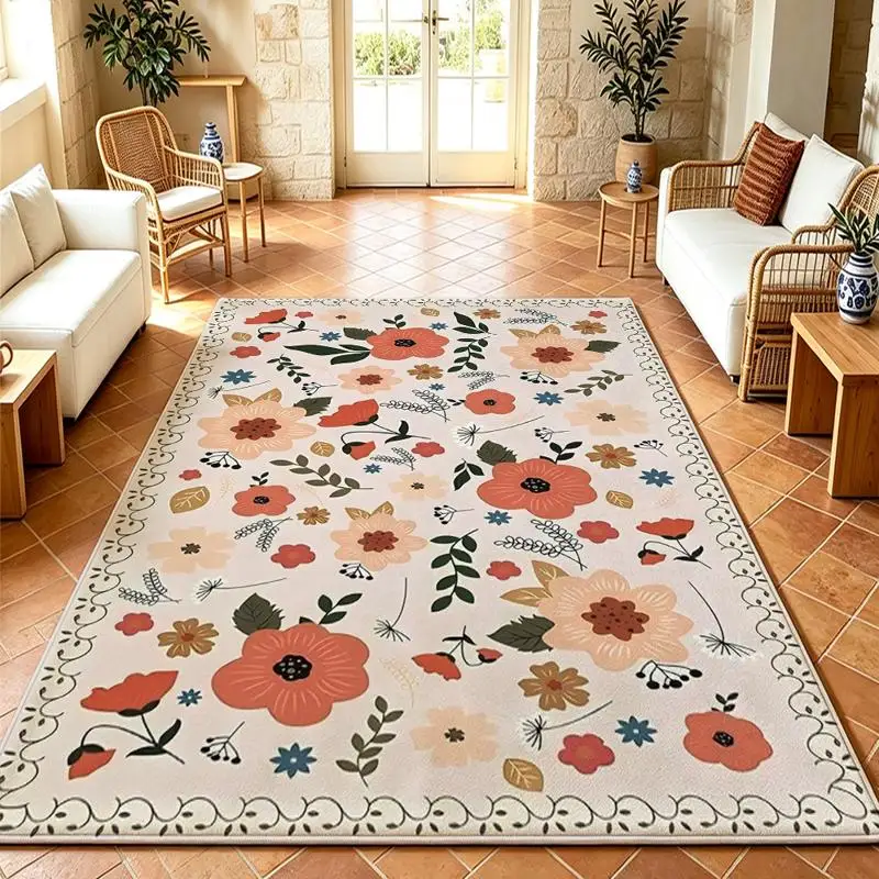 1PC Light Pink Multicolor Floral Large Area Rug, Vintage Princess Boho Washable Rug for Bedroom, Porch, Living Room Aesthetic Decor