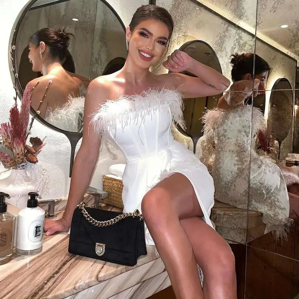 

Новое женское платье без рукавов с дизайном без бретелек, облегающее, с разрезом и плиссировкой, платье с перьями, халат, Vestido, женское вечернее платье