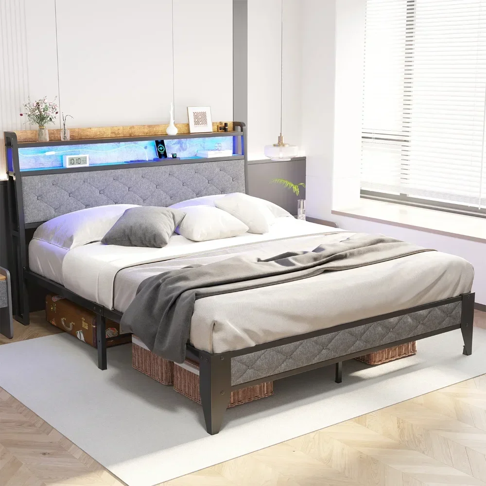 

Modern Grey Beds, Full Size Bed Frame with Storage Headboard & Charging Station,Platform Metal Bed Frame with RGB Lights