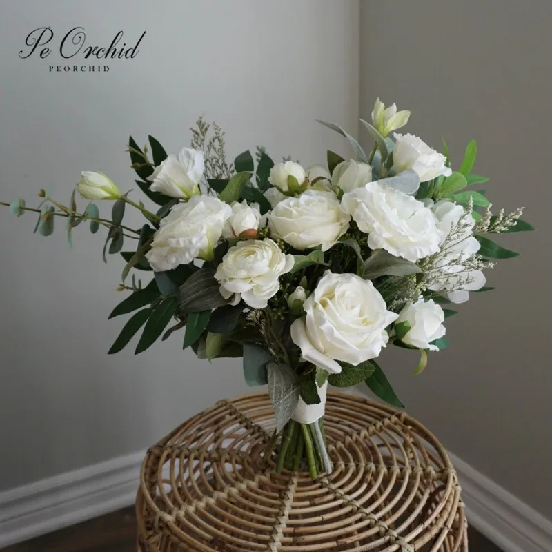 PEORCHID Greenery White Flower Wedding Bouquet For The Bride Artificial Roses Boho Spring Summer Rustic Bridal Bouquet Mariage