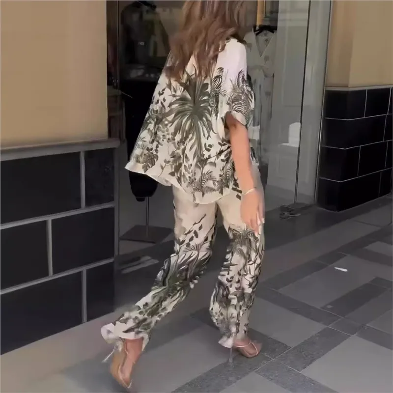 2 Pcs/Set Blouse Pants Set Short Sleeves Floral Print Dolman Sleeve Wide Leg Loose Elastic Waist Trousers Casual Outfit Woman