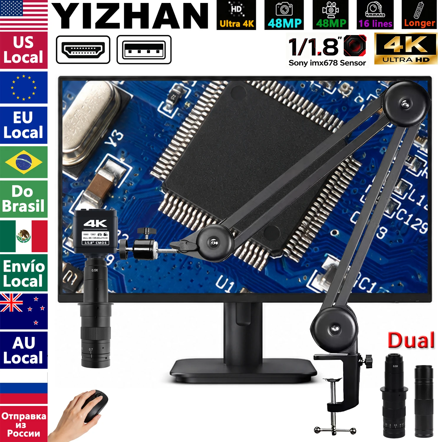Kit de caméra de microscope industriel HDMI USB 4K, microscope numérique IMX678 1/1.8" pour réparation de circuits imprimés, soudure et inspection, 180X+150X, Expédié depuis la Pologne