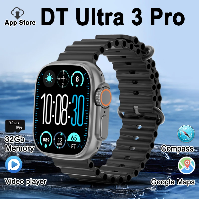 DT Ultra 3 ساعة ذكية Amoled HD شاشة 32Gb MP3 MP4 لاعب بلوتوث شبكة تقاسم APP مخزن GPS خريطة البوصلة الرياضة SmartWatch