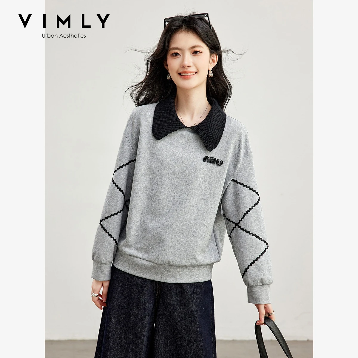 VIMLY Women Sweatshirt Grey Elegant Fake Two Piece Spliced Pullovers 2026 Fall Color Block Polo Collar Casual Tops Female A7558