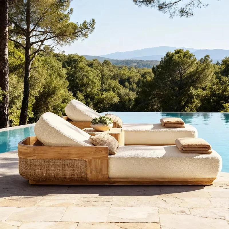 

High End Rattan Teak Outdoor Daybed Outdoor Patio Furniture Chaise Lounge Chair All Weather Wood Outdoor Sun Lounger