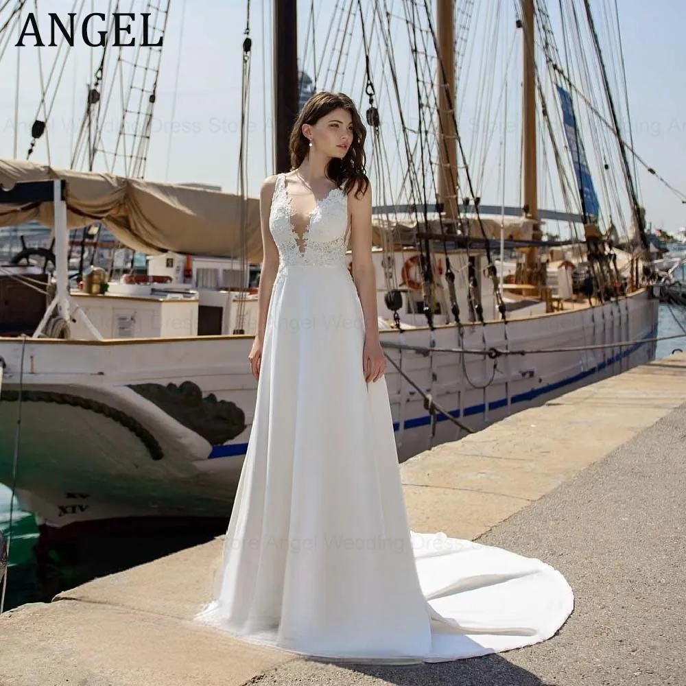 Anjo personalizado elegante a linha vestido de casamento para noiva trem varredura sem mangas apliques zíper vestidos de noiva novia