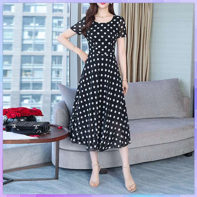 Dress Ladies Polka Dots Maxi O-Neck Slim Empire Elegant Boho Plus Size Dresses For Women 2022 Office Simple All-Match A-Line