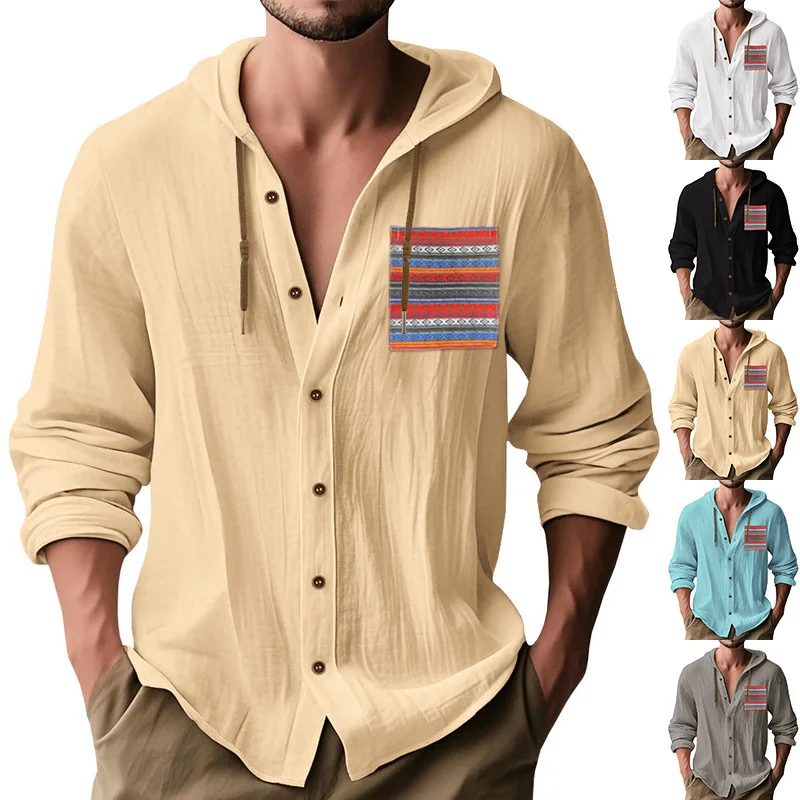 

2025 spring and summer new long-sleeved t-shirt men's bohemian cotton and linen casual breathable loose hooded shirt