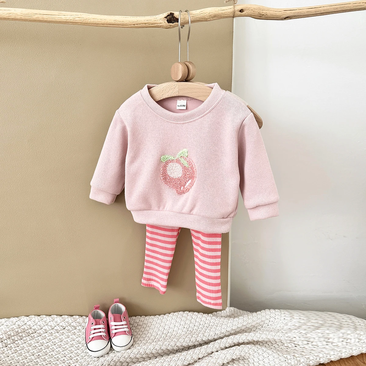 

Spring Autumn Baby Clothing Set Stylish Girls Peach Embroidery Top Long Sleeved Pullover+Pant Infant Toddler Suit 0-3Y Newborn