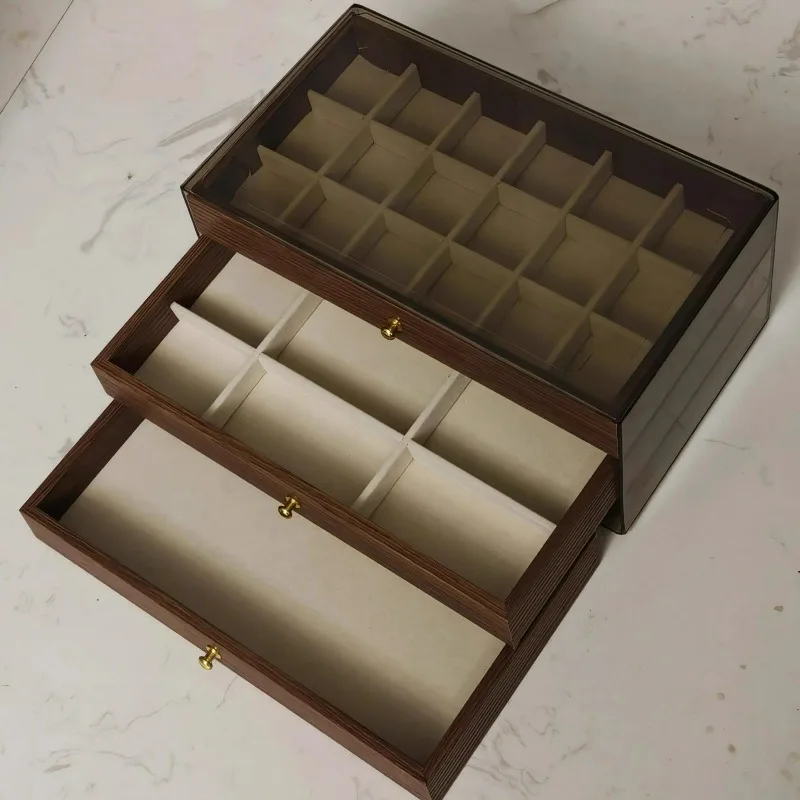 

Large Capacity Drawer Jewelry Storage Box Walnut Wood Grain for Women Three-layer Necklace Earrings Necklace Bracelet Organizer