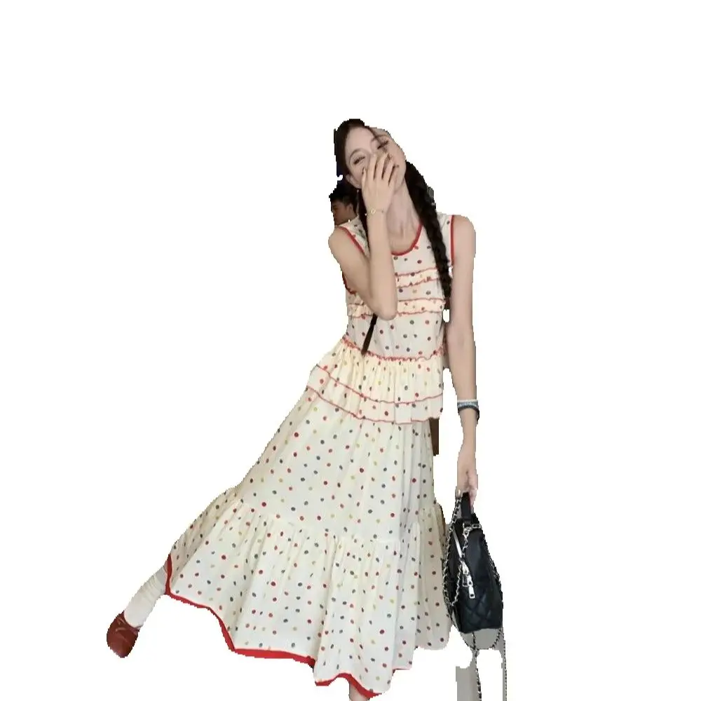 French Sweet Style Two-Piece Set Ruffled Polka Dot Vest Top Long High-Waisted A-Line Skirt Women Niche Design Set