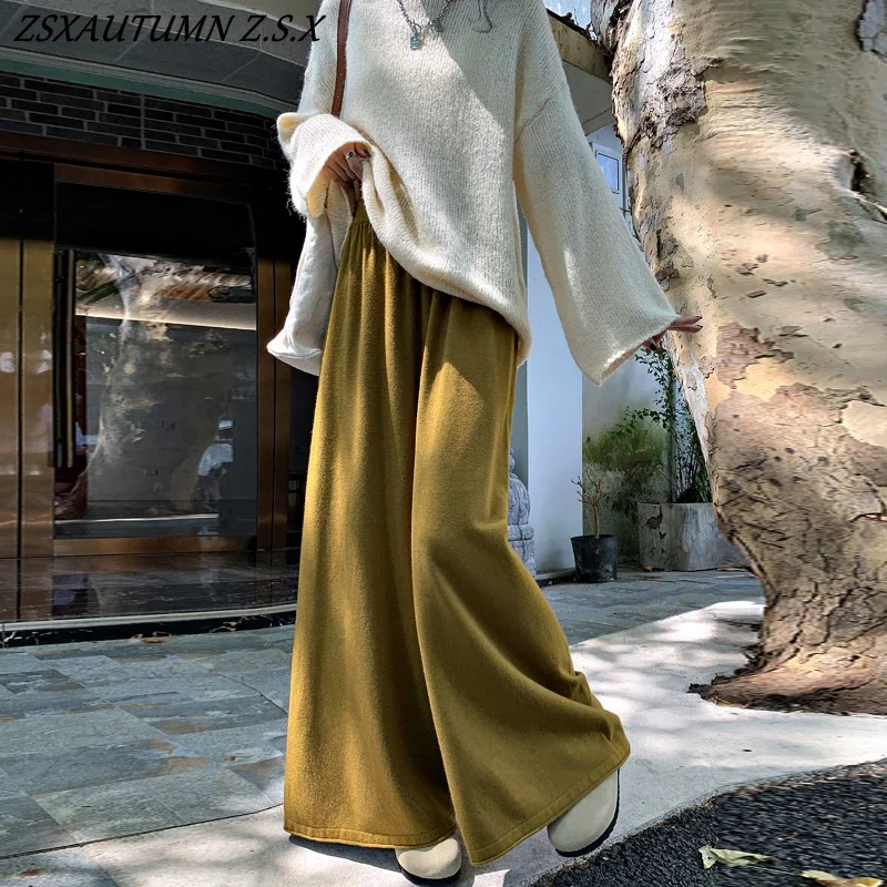 

2024 Autumn Winter New Knitted Wide Leg Pants Women Loose Lazy Skirt Pants Solid Color All-match Fashion Trousers Female