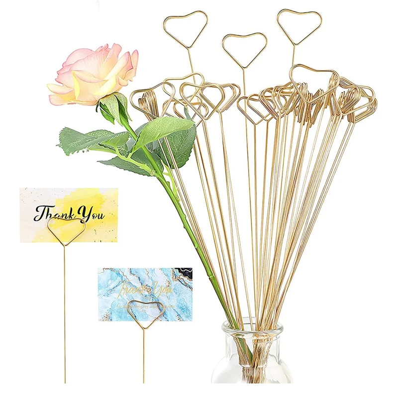 Top-30 Pcs Metal Floral Place Card Holder, 13 Inch Heart Shape Flower Picks Clip For Floral Arrangement, Gift Card Holder