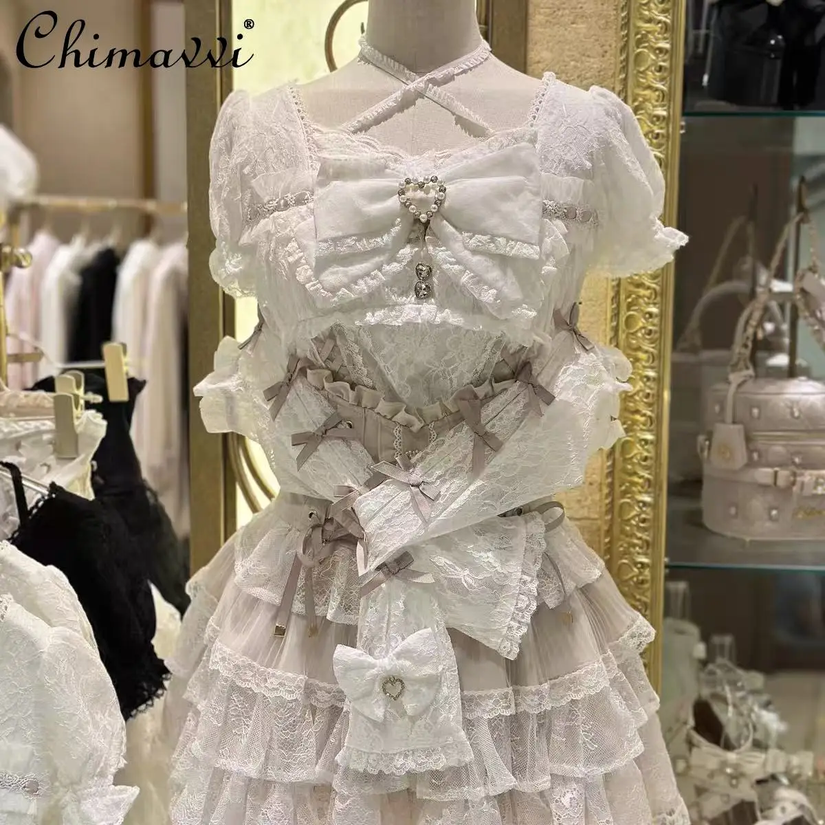 

Japanese Sweet Liz Style Splicing Sleeve Strap Lace Bow Lace Shirt Spring Summer New Elastic Slim Long-sleeve Tshirt Lolita Top