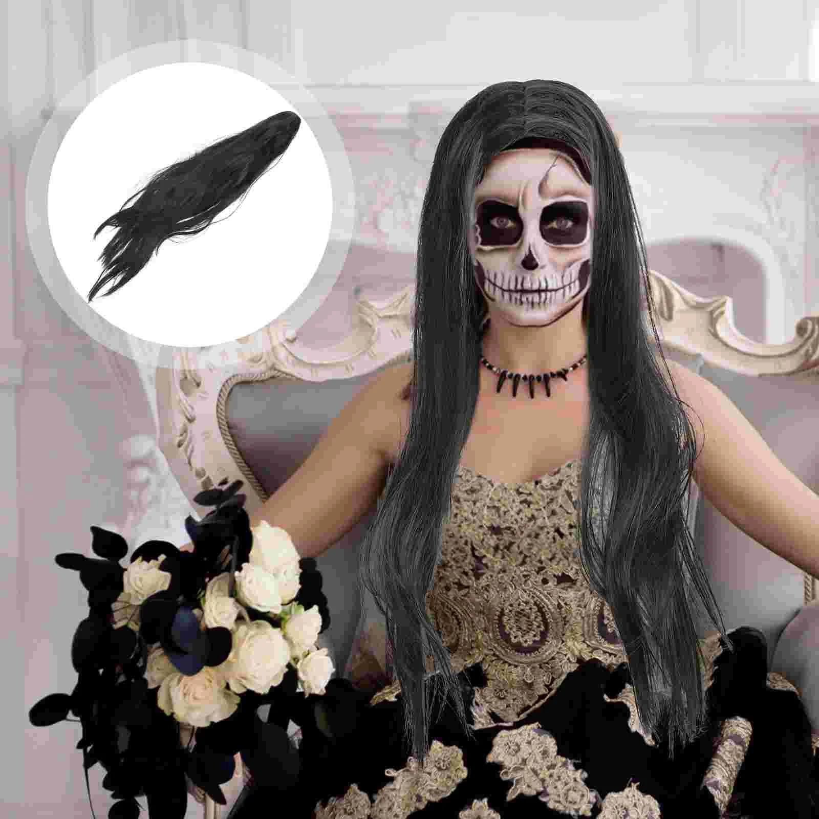 Disfraz de fantasma para mujer y niño, accesorio de Cosplay de impermanente en blanco y negro, maquillaje largo para Halloween, Casa Encantada, pelo Pp