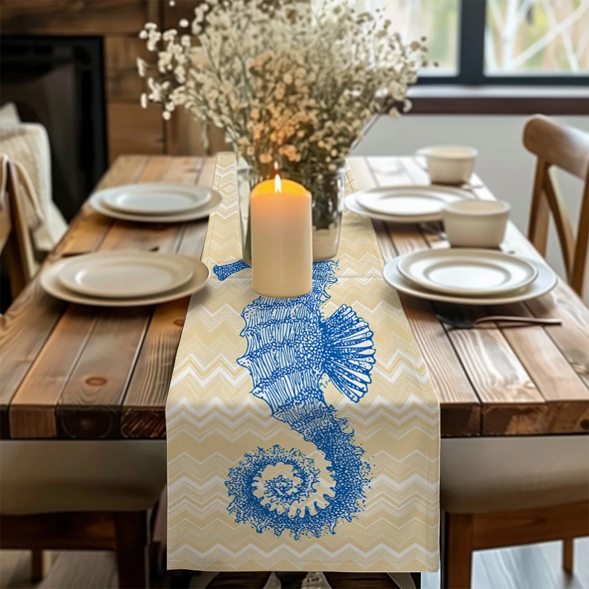 print table runner Blue Seahorse Chevron Style Print Long cloth Party Decor,Tabletop Protection,Dresser Scarf,Decorative Runner