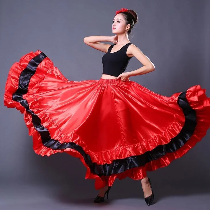 Saia Flamenca Espanhola para Mulheres, Vestidos De Cetim De Poliéster, Swing Grande Liso, Trajes De Carnaval, Vestido De Dança Do Ventre, Salão De Festa