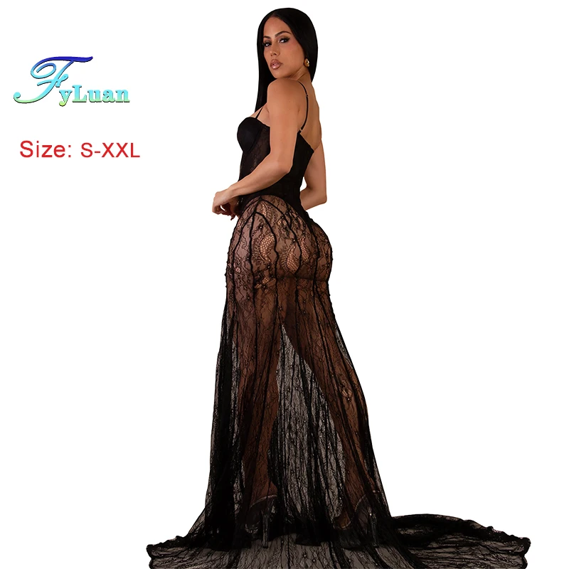 New Fashion Women Clothing Sexy Suspender Dress Lace Semi Perspective Evening Gown Sleeveless Slimming Fishtail Dress Long Dress