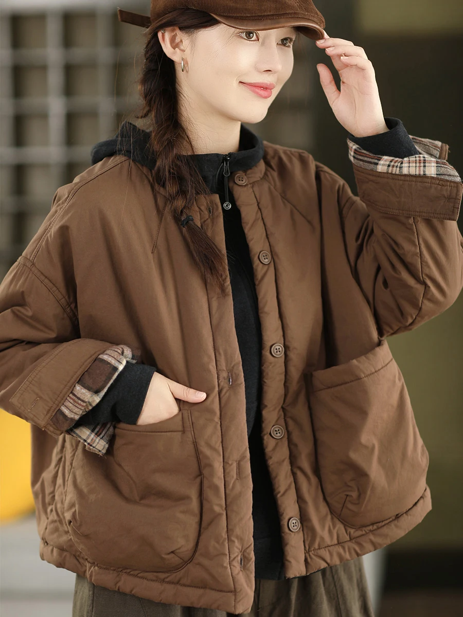 

Утепленная хлопковая куртка женская в стиле ретро с внутренним клетчатым наполнителем, теплая хлопковая куртка большого размера, верхняя одежда для весны, осени и зимы