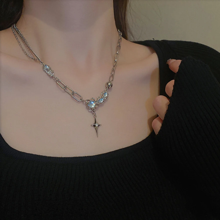JWER Trendy Bling Moonstone Star Cross Pendant Necklace for Women