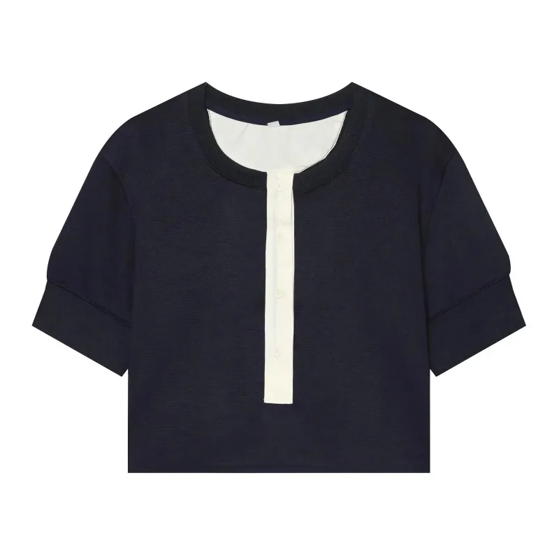 Fanan Willshela Women Fashion With Button Patchwork Pullover Blouse Vintage O-Neck Short Sleeves Female Chic Lady T-Shirts