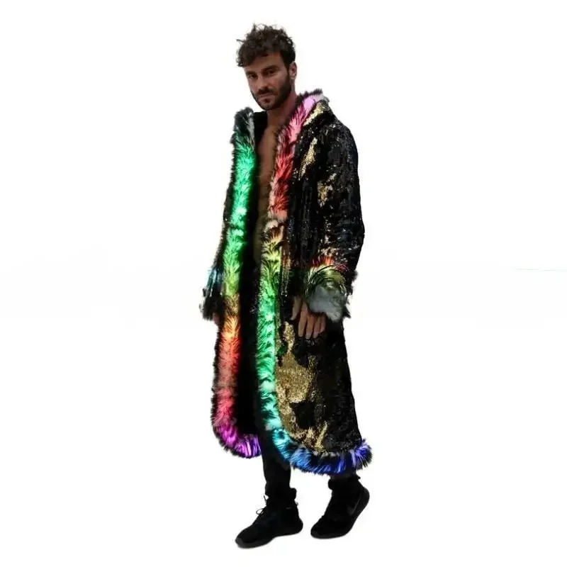 Men LED Wild Faux Fur Coat Light Up Long Coat for Stage Performance Show Dancing Costume