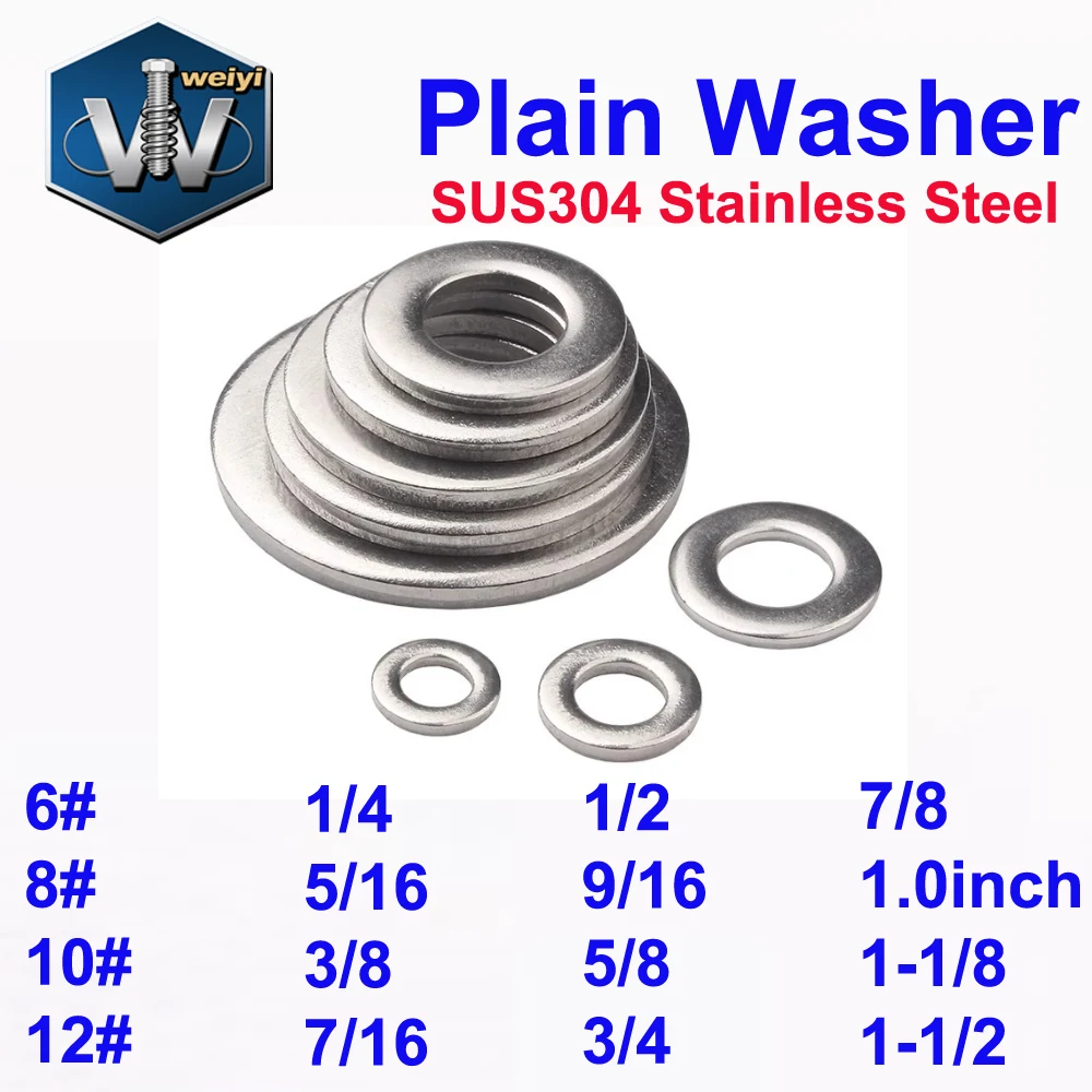 Weiyi 6# 8# 10# 12# 1/4'' to 1-1/2'' SUS304 A2 Stainless Steel Plain Washers SAE Standard for UNC UNF BSW Screws and Bolts