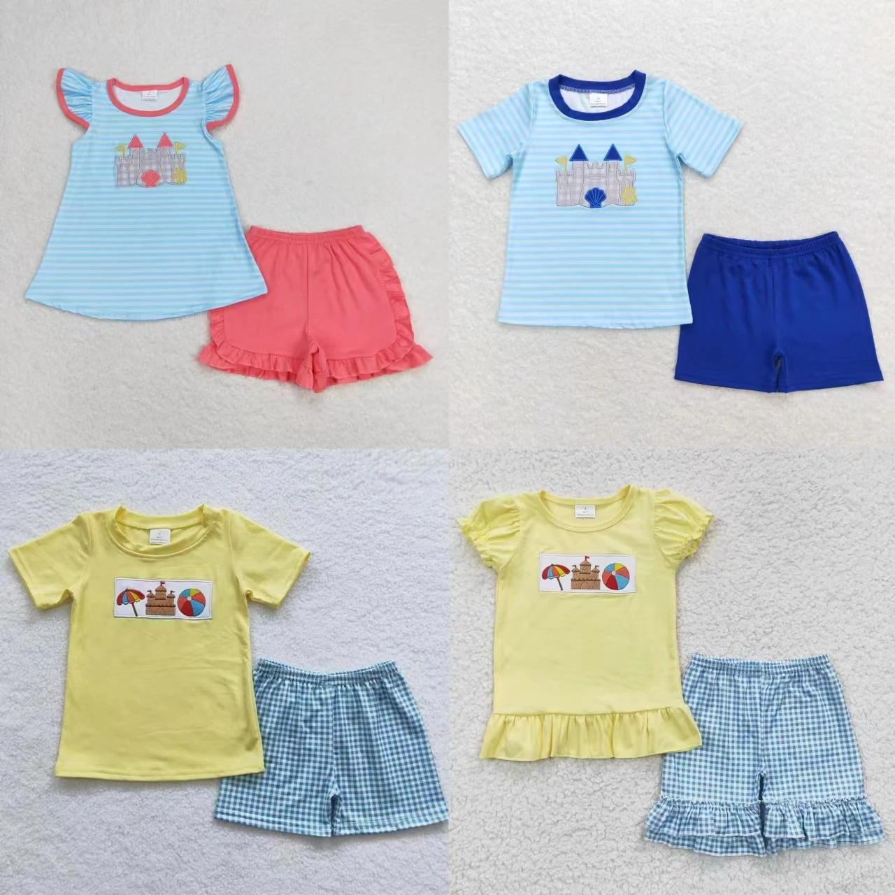 Conjunto de bordado de manga corta para niño, camisa de Castillo de arena, pantalones cortos a juego, traje de algodón para playa