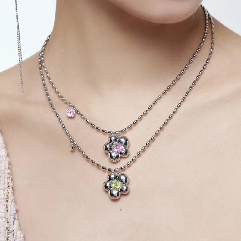 Original Silver 925 Fashion glossy Swinging Flower Necklaces  Green Pink Crystal Inlay refreshing High quality collar Jewelry