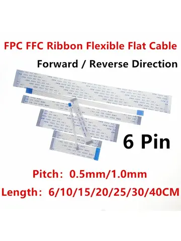 10PCS FPC FFC 리본 유연한 플랫 케이블 6 핀 피치 0.5MM 1.0MM AWM 20624 80C 60V 길이 6/10/15/20/25/30/40 CM 정방향 역방향