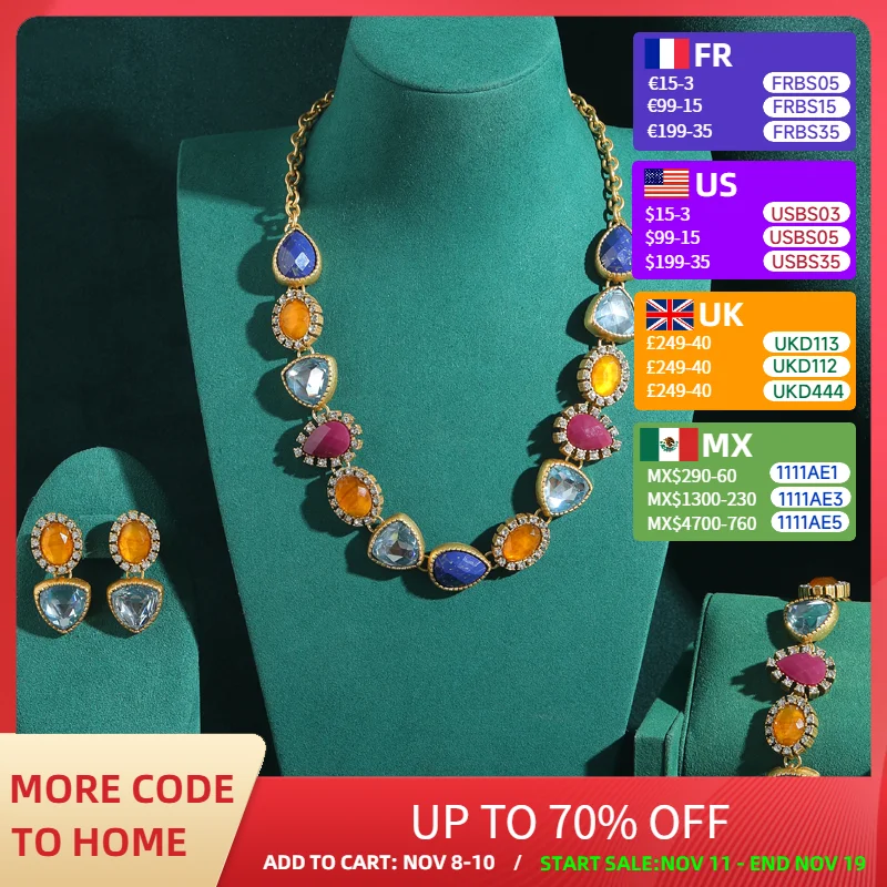 

Vintage Crystal Necklace Set Earring Natural Stone Water Droplet Charm Bracelet High Quality Luxury Designer Jewelry For Woman