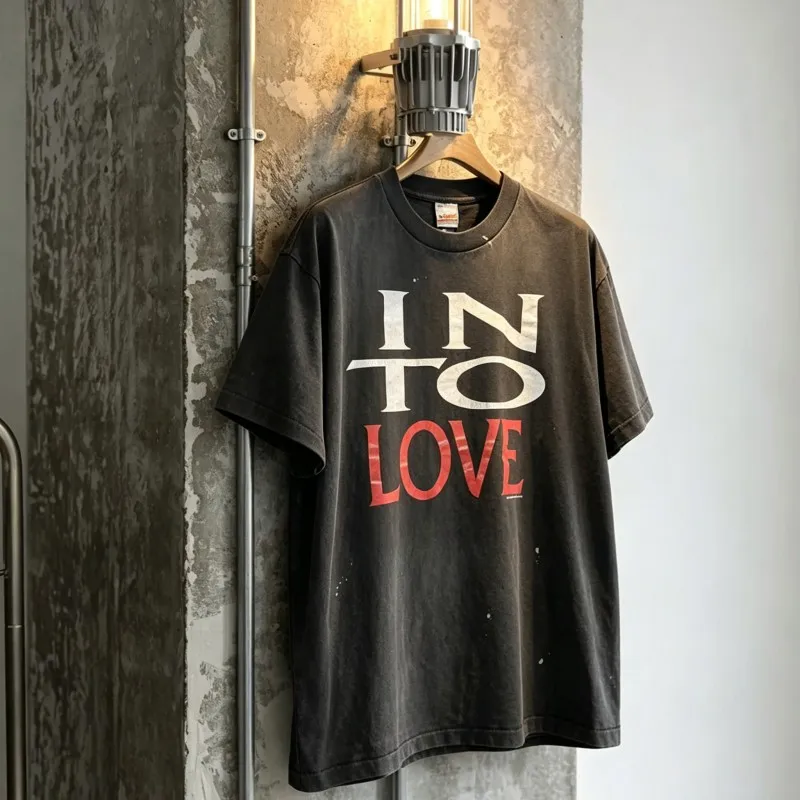 Vintage Washed Splashed Ink Saint Tshirts Cracked Letter Printed Round Neck Short Sleeve Men Women Streetwear Casual Tops Outfit