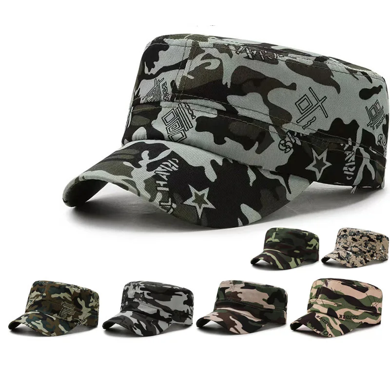 New 1Pcs Camouflage Baseball Caps Cadet Flat Top Hat Fishing Hat Outdoor Men Women Snapback Hat Adjustable Sun Hats Fashion Hats