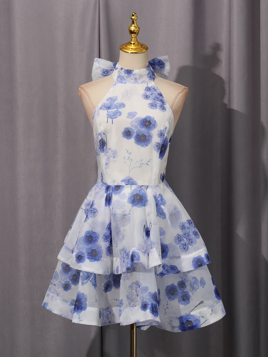 VGH Hotsweet Club Printing Mini Dress for Women Halter Sleeveless High Waist Spliced Ruffles Temperament Cake Dresses Female New